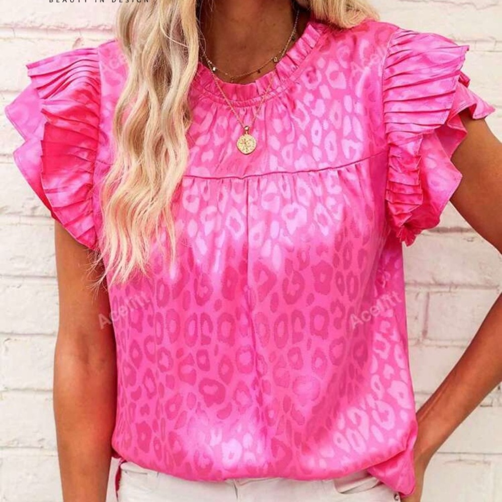 Acelitt Leopard Jacquard Ruffle Trim Blouse